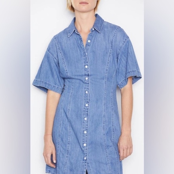 Frame Seam Detail Denim Mini Dress in Shoreline Wash - Picture 4 of 14